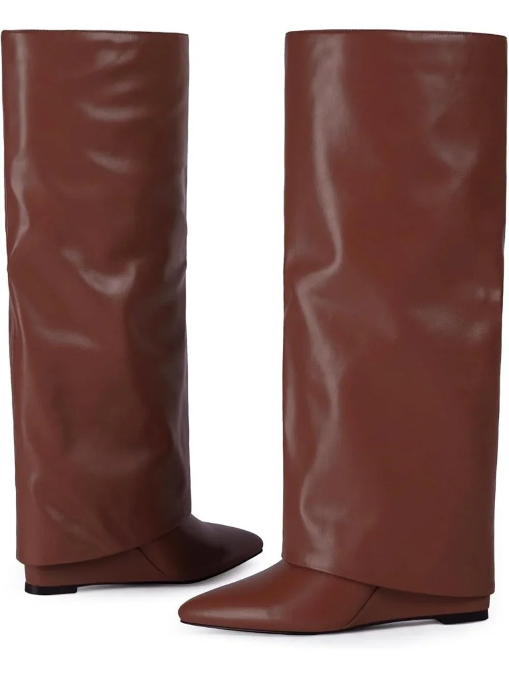 Women's Light Brown Pu Wedge Heel Pointed Toe Faux Leather Over The Knee Boots
